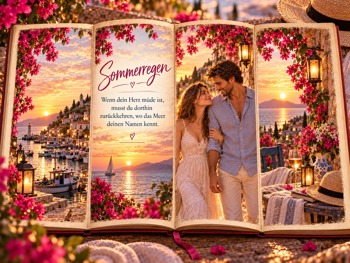 Ein geöffnetes magisches Buch mit einer romantischen Szene aus Sommerregen